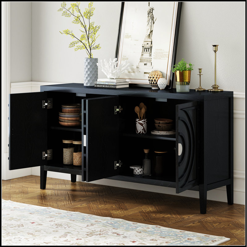 Buffet rétro avec rainure circulaire et poignées rondes en métal pour un rangement et une décoration polyvalents