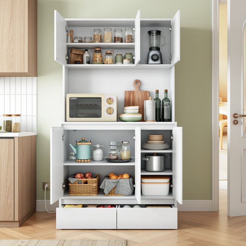 Armoire de cuisine avec station de charge, tablettes réglables et tiroirs roulants