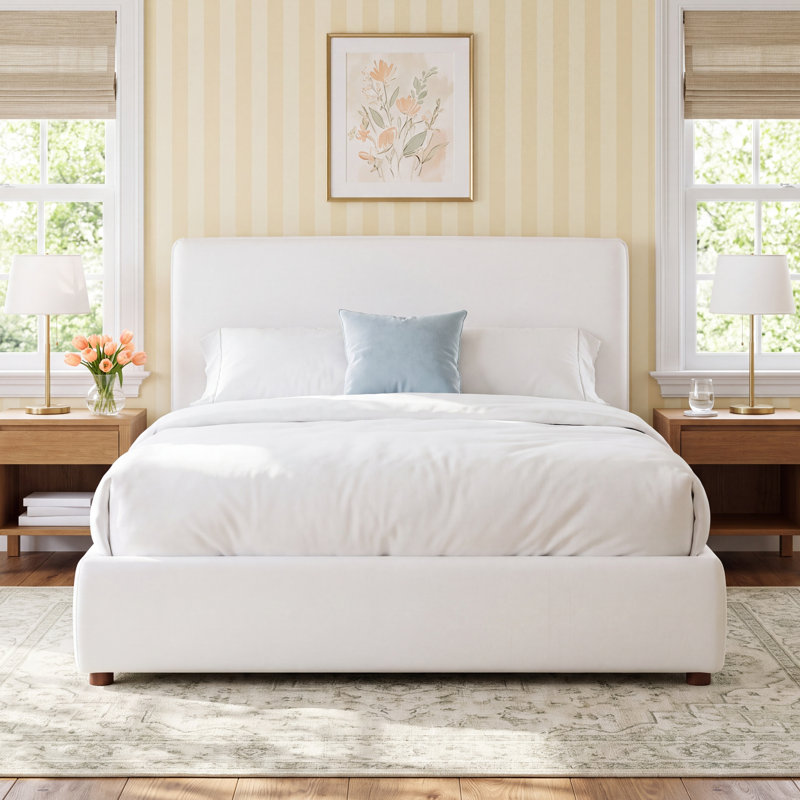 Callahan Upholstered Platform Bed, Queen, White Linen