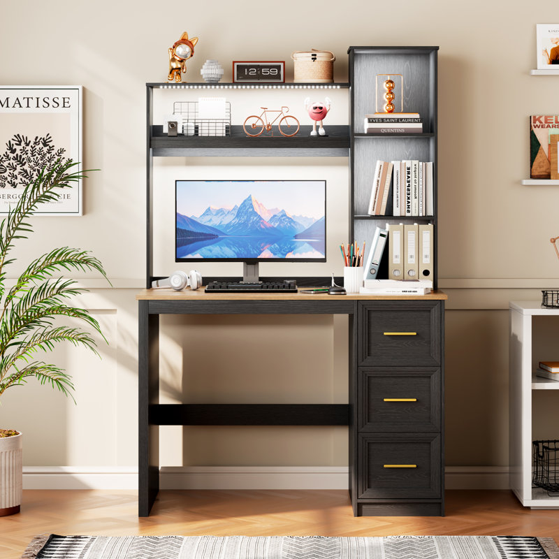 Computer Desk with Power Outlet and Tri-Color Light, Home Desk with Shelves and Drawer, Brown/Black
