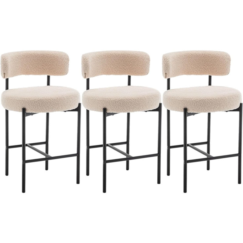 Boucle Bar Stools Set Of 3, 24" Modern Counter Stools With Backs, Upholstered Barstools For Kitchen Island, Bar, Cafe, Beige
