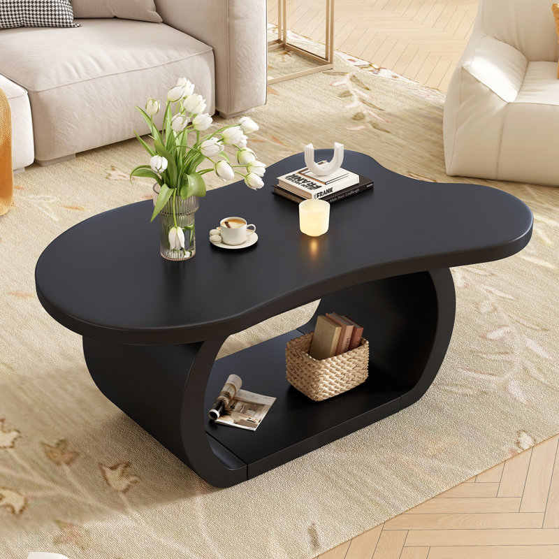 Table basse 39,3 po x 23,6 po avec plateau de 1,5 po d'épaisseur, table de bout irrégulière de style crème avec pieds courbés, table d'appoint au design unique avec rebord rond, table de bout