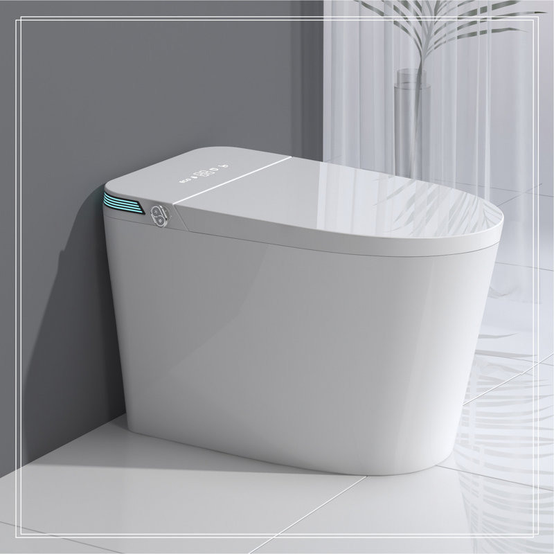 Toilette intelligente de luxe intelligente avec pulvérisateur d'eau chaude et sécheuse instantanées, fonction de chasse d'eau automatique / capteur de pied, siège de bidet chauffé à température ajustée, affichage à DEL blanc