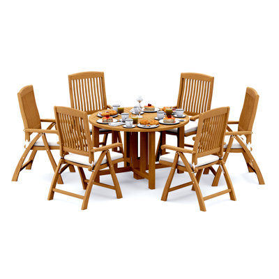 5 Pcs Grade-A Teak Wood Dining Set: 48" Round Butterfly Table And 4 Marley Folding Reclining Arm Chairs #11MR0904