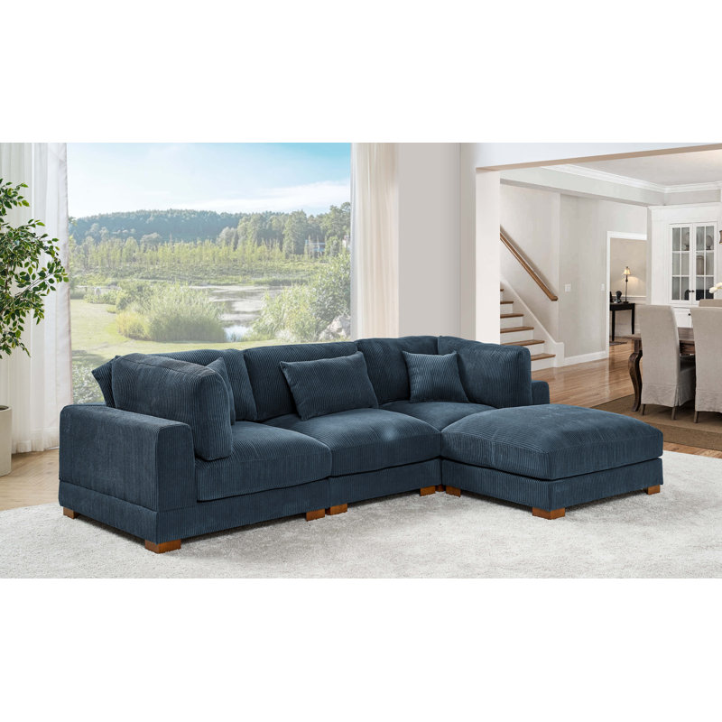 Canapé modulaire rembourré 4 pièces Temica, Velours côtelé bleu foncé