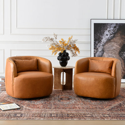 2 - Pieces Top Grain Genuine Leather Swivel Barrel Armchair