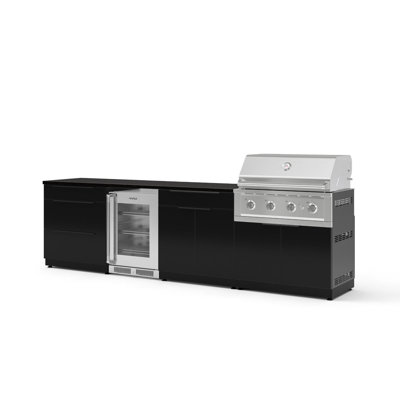 Ensemble de cuisine extérieure en aluminium noir, 7 pièces, comprenant un meuble à 3 tiroirs, un bar, un meuble pour barbecue, un barbecue haute performance au propane de 91 cm, des comptoirs en acier inoxydable et un réfrigérateur à porte vitrée.