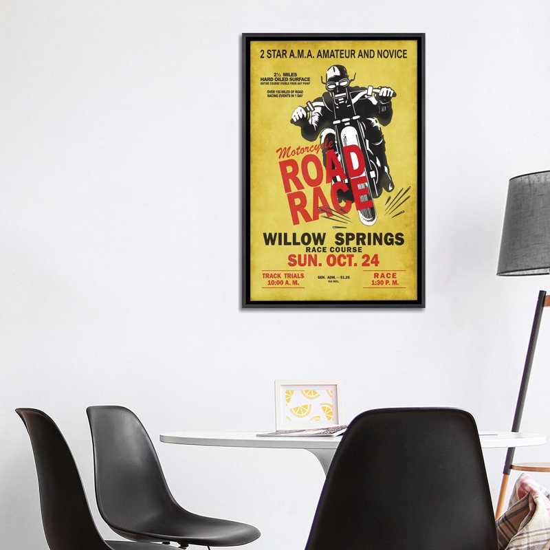 «Willow Springs Road Race» par Mark Rogan - publicité imprimée, Aucun mat, Toile avec cadre noir patiné