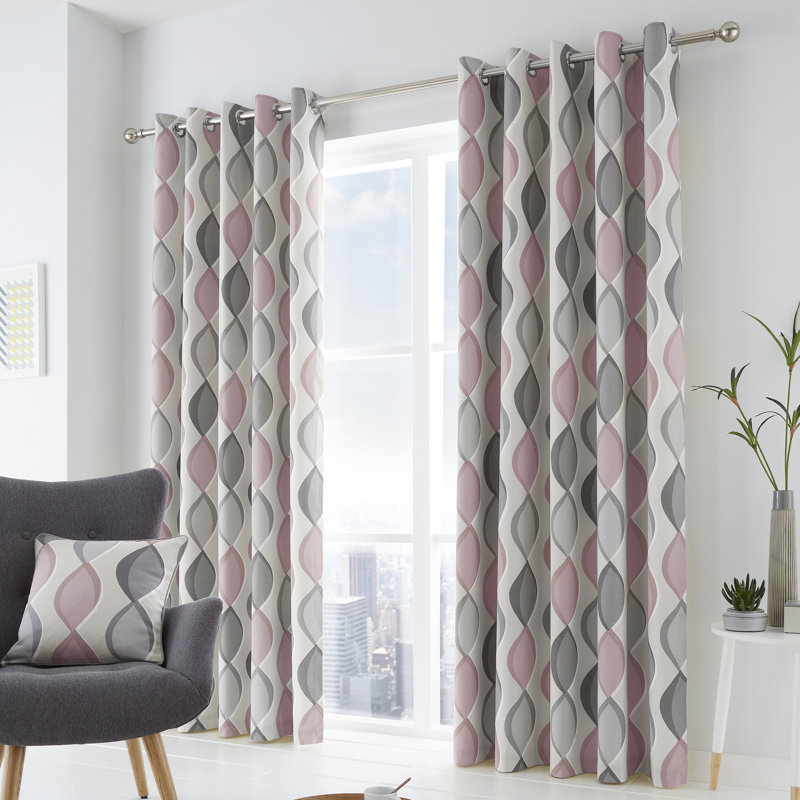 100% Cotton Ready Made Eyelet Curtain, Width 168 x Drop 137 cm, Grey/Blush