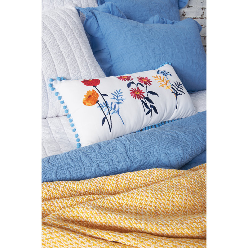 Lola 12"x24" White Cotton Embroidered Floral Pillow with Pom Pom Edges