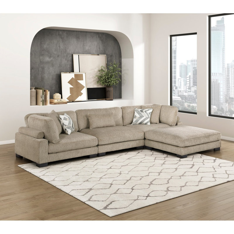 Mobilier de salon contemporain 4 pièces modulaire avec repose-pieds brun moelleux et rembourré en microfibre