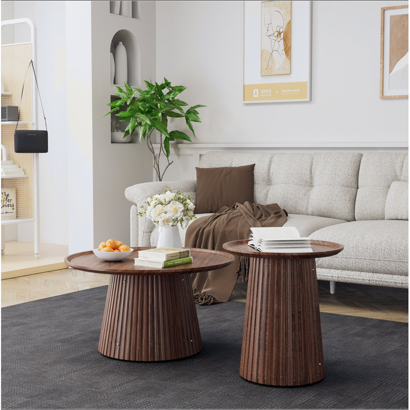Ensemble de 2 tables basses rondes, grandes et petites tables centrales et d'appoint en bois, finition noyer moderne pour le salon et le bureau