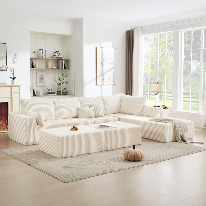 8-Piece Modular Sectional Oversized U-Shaped Sofa Compression Corduroy Chenille Sectional With Ottoman, Cream Corduroy