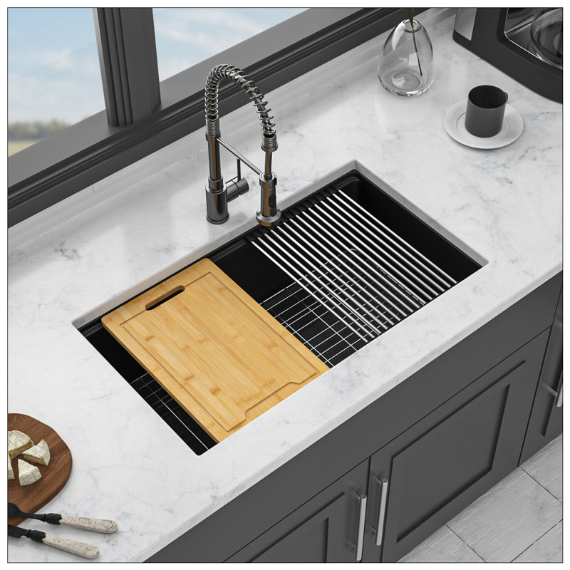 32x19 White Granite Composite Workstation Undermount Kitchen Sink with Accessories for Modern Kitchens, White
