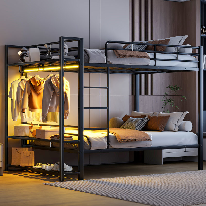Bunk Bed With Clothes Tree And LED Lights, Black, Full Over Full