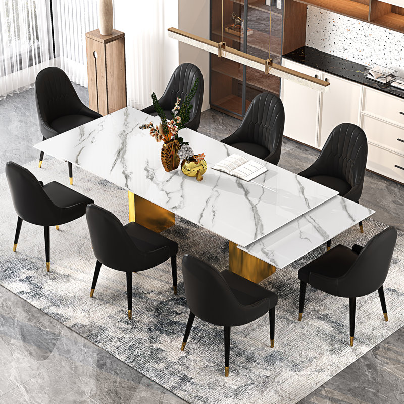 9 - Piece Dining Table Set With 94.5'' Extendable Sintered Stone Dining Table With 8 Faux Leather Wingback Chairs, Gold