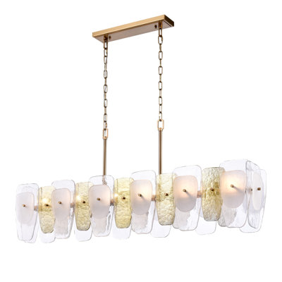 53 inch Corry Linear Chandelier in Lacquered Gold with Layers of clear, frosted, and gold-leafed glass