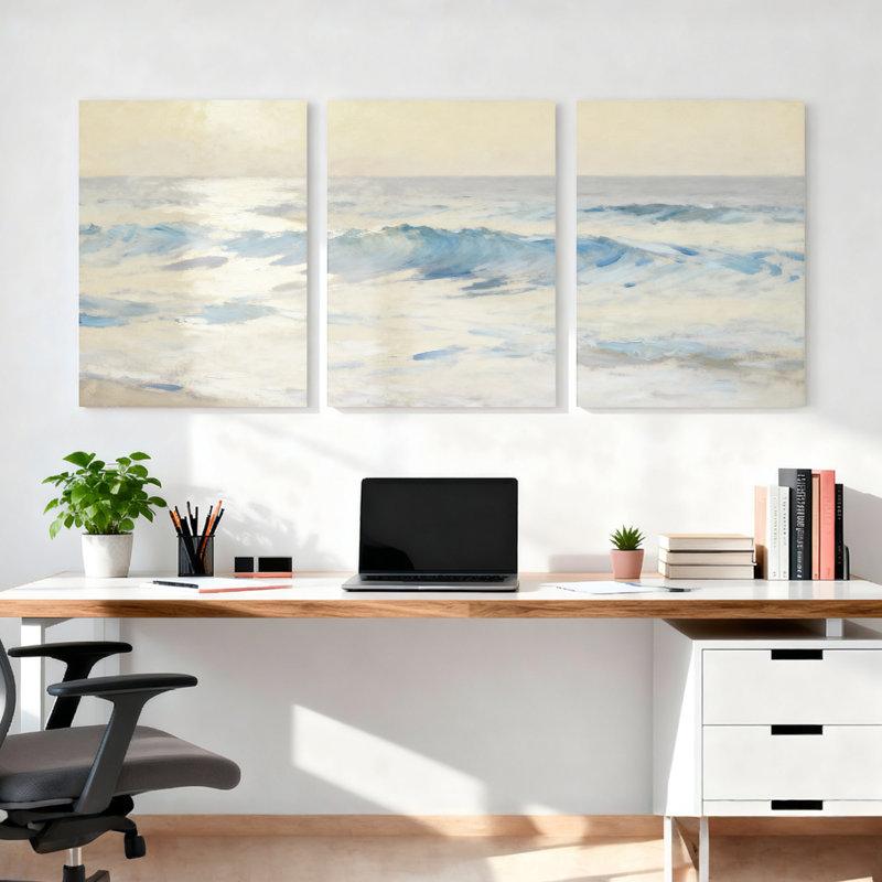 Ensemble de 3 tableaux abstraits sur toile représentant des vagues océaniques, H 30 po x l 60 po