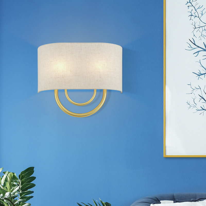 2 Light English Bronze ADA Sconce With Hand Crafted Oatmeal Fabric Shade With White Fabric Inside, Soft Gold