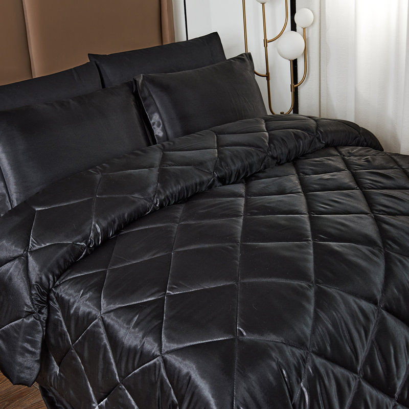 Ensemble d'édredon réversible en satin Zadie, Édredon simple + 5 pièces supplémentaires, Noir