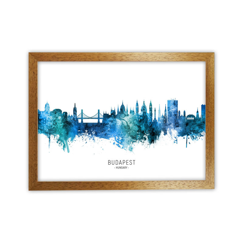 Budapest Hungary Skyline Blue City Name by Michael Tompsett - Print, 64cm H x 88cm W x 3cm D, Oak Framed