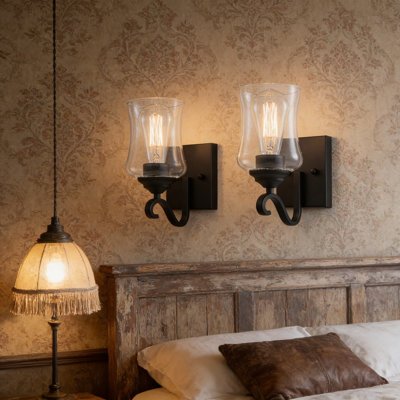 Matte Black Wall Sconces Set Of 2 With Clear Glass Shades, Farmhouse Industrial Light Fixtures For Bathroom, Hallway, Stairwell And Dining Room