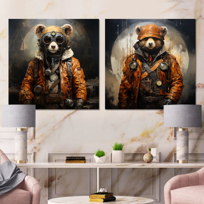Steampunk Bear Fashion I - Bear Fashion Metal Wall Art Prints Square Set Of 2