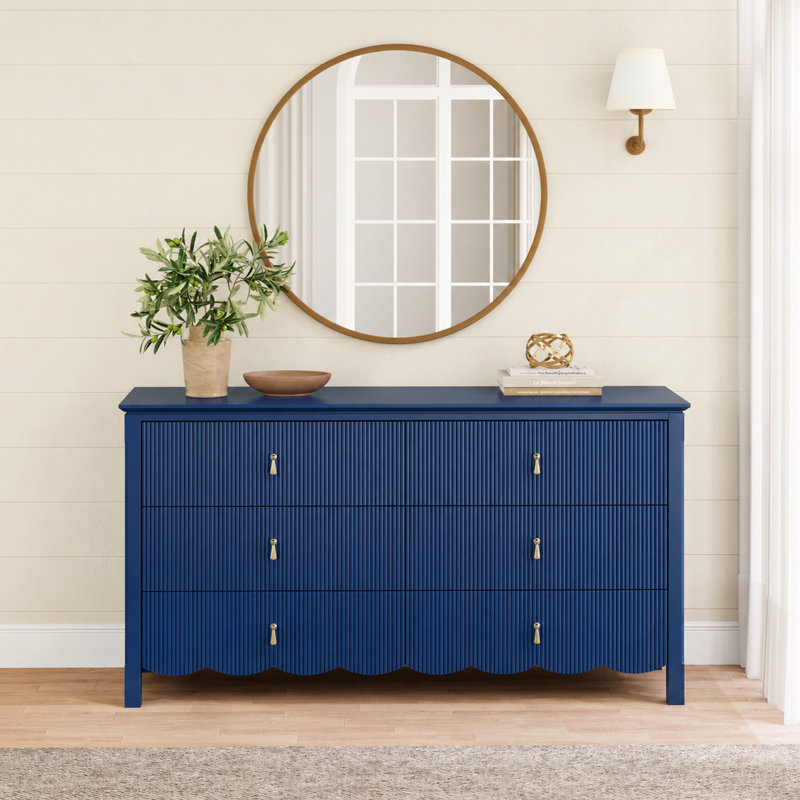 Mortola Wood 6 Drawer Reeded Dresser, Navy Blue
