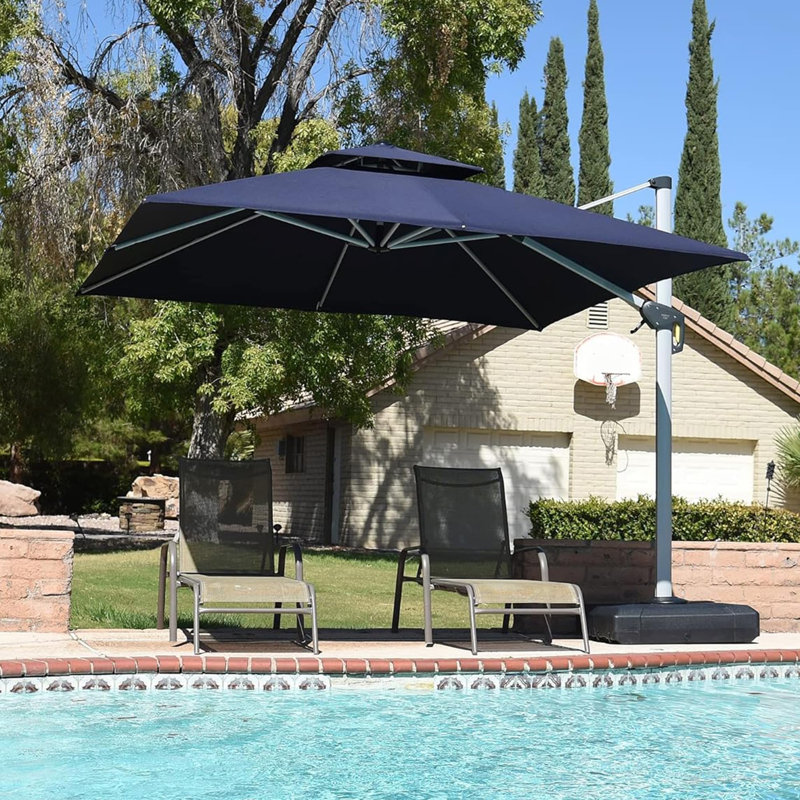 JusthIn 132" Square Cantilever Umbrella With Base,Navy, Navy Blue