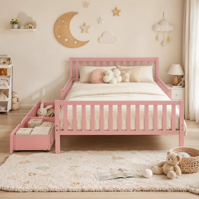 Minimalist Style Both Sides Guardrails Wood Platform Bed With Two Storage Drawers And Headboard
