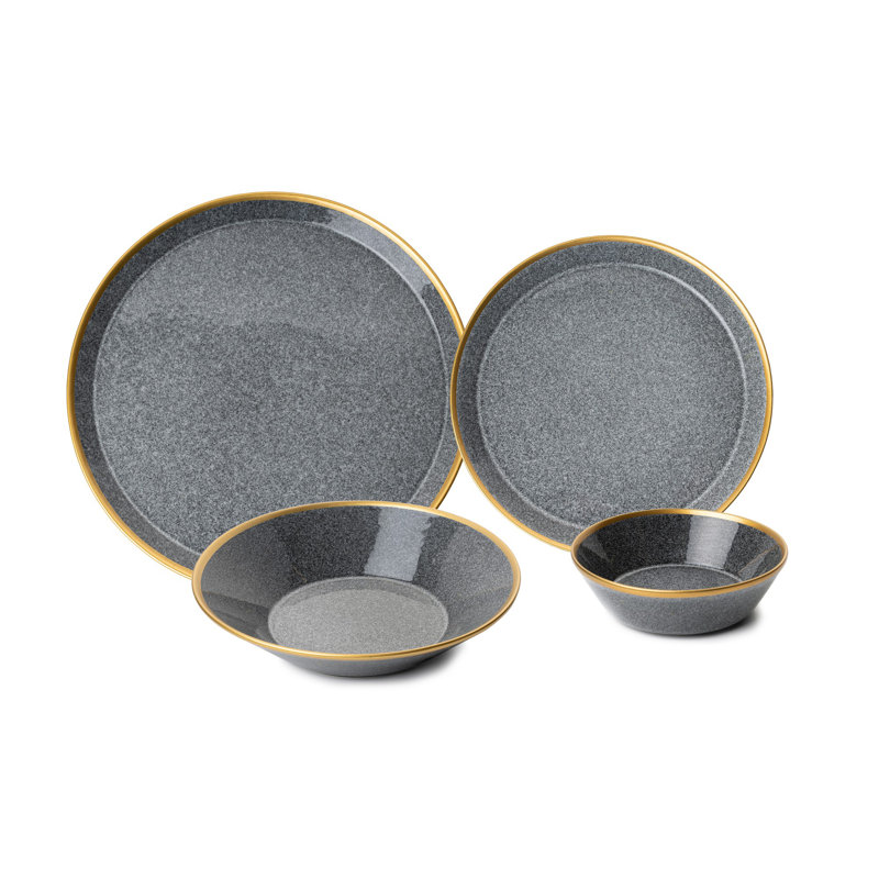 Eisine Piece Dinnerware Set - Service for 4, Black/Gold