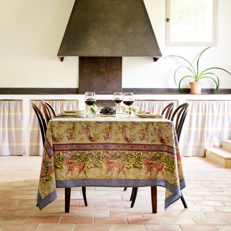 Renne Handmade Floral Tablecloth, 142" x 71", Green/Red