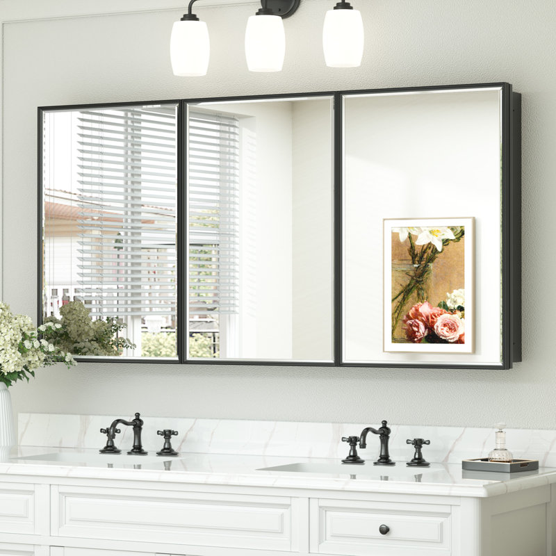Recessed & Surface Framed Medicine Cabinet with Mirror and Shelves, Black, 30"H x 60"W x 5"D
