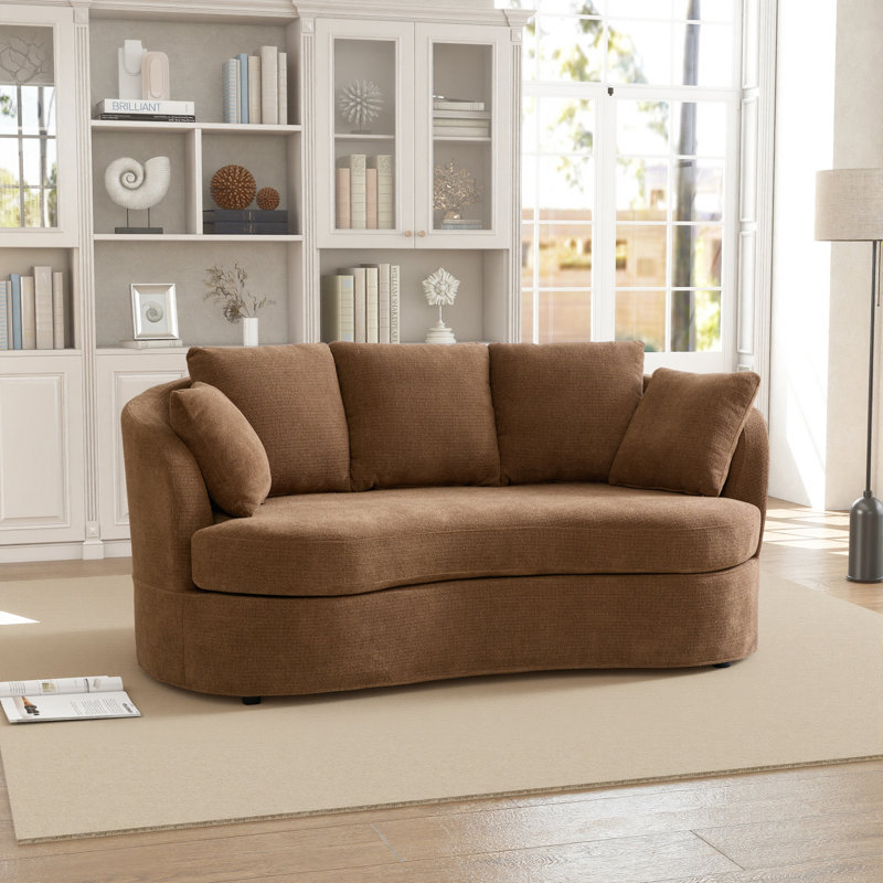 73.8" W Modern Upholstered Curved Sofa With Pillows, Brown