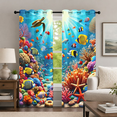 2Pcs Colorful Underwater World Curtains, Vibrant Coral Reef Fish Pattern Curtain, Sea Life Ocean Theme Printed Grommet Drapes, Window Treatment for Bedroom Living Room Decor