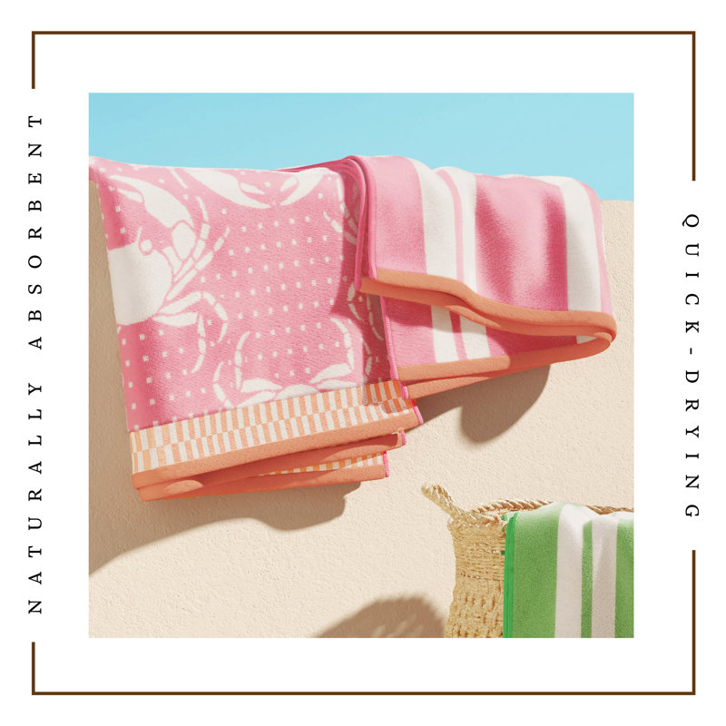 Serviettes de plage 100% jacquard 100% coton, Rose / crabes blancs / rayures