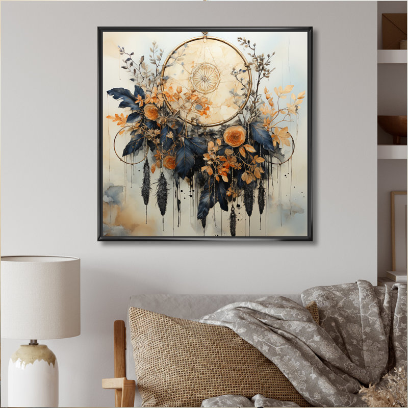 «Blue Dream Catcher Natures Whispers» - Imprimé, Cadre flottant noir, H 16 po x l 16 po x P 1 po
