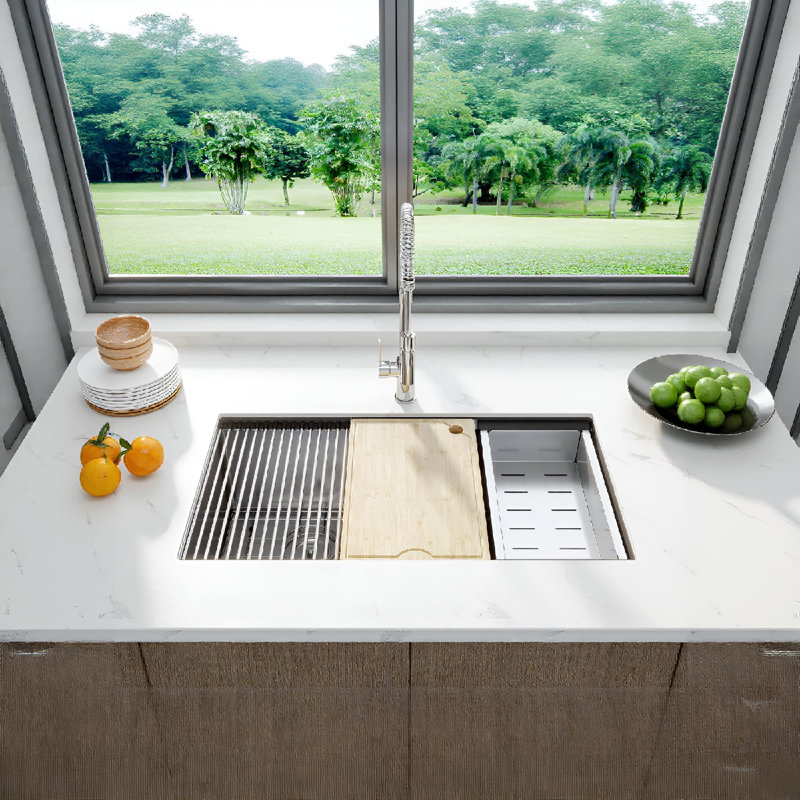 Évier de cuisine encastré, cuve simple en acier inoxydable avec rebord Reveal, paroi de jante épaisse de 2,0 cm, paroi de 1,0 mm, support inférieur brossé et ensemble de drain