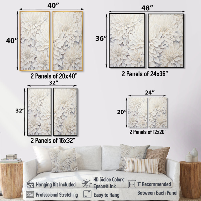 «White Dahlia Charm Collage», art mural blanc, Silver, 36" H x 48" W, Reproduction encadrée sans passe-partout