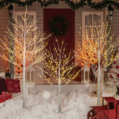  Lighted Birch Twig Tree With Fairy Lights 4ft, 6ft And 8ft, Pack Of 3 Warm White For Indoor Outdoor Home Christmas Holiday Decoration