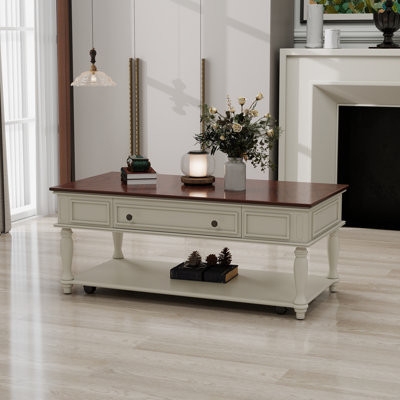 Table basse Farmhouse, table de cocktail rectangulaire mobile avec rangement