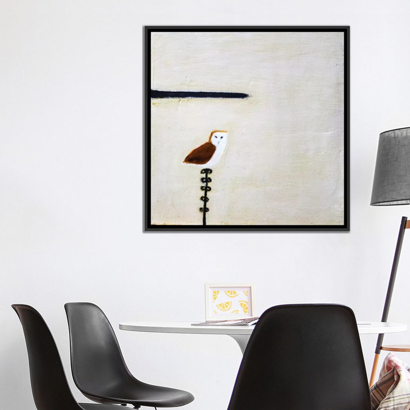 " Owl On A Post " by Andrew Squire, 18" H x 18" W x 1.5" D, Black Framed Canvas, No Mat