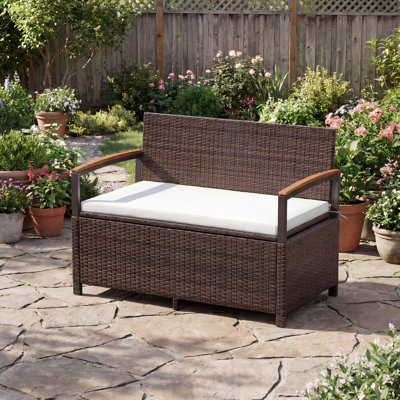 Banc de rangement extérieur avec dossier coussiné et accoudoirs en bois d'acacia Mélange de rangement caché brun + blanc cassé