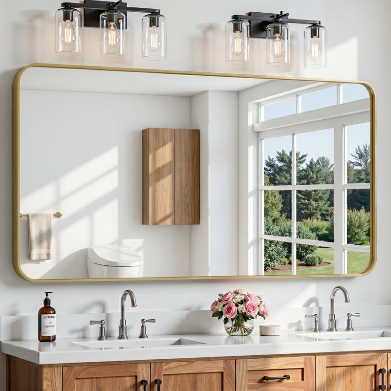 Lunara 1.18" Deep Rounded Corner Rectangular Bathroom Wall Mirror with Premium Tempered Glass & Aluminum Alloy Framed, Gold