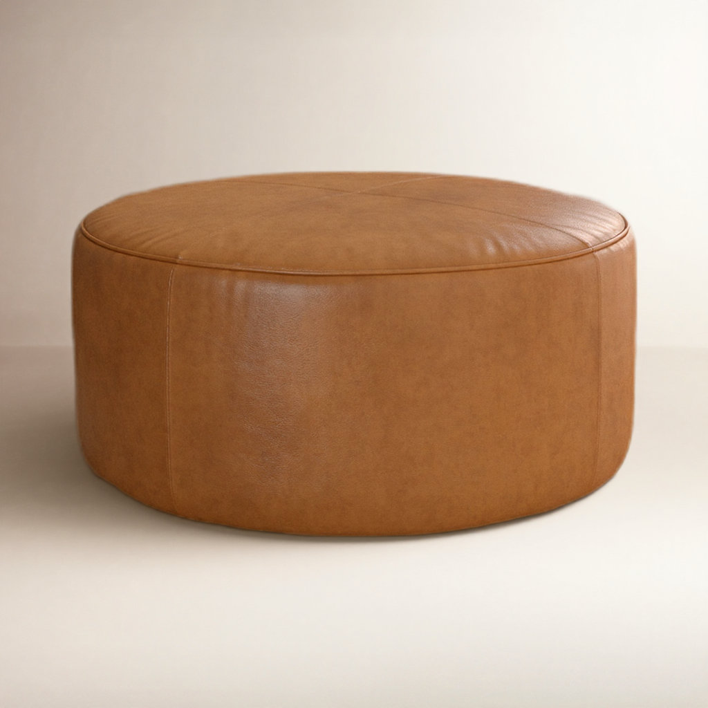 Murano 37" Genuine Leather Round Ottoman, Steamboat Caramel Genuine Leather
