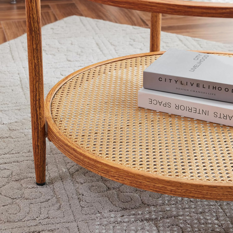 Table ronde 30,71 po à double couche ronde en verre ondulé et en rotin PE assortie à une table basse avec cadre en fer à grain de bois à transfert de chaleur
