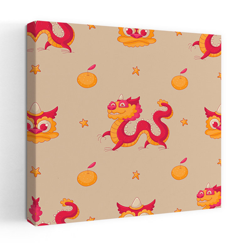 Festive Chinese Dragon Pattern Playful Traditional Abstract Landscape Nature Wall Art Print, 45.72cm H x 45.72cm W
