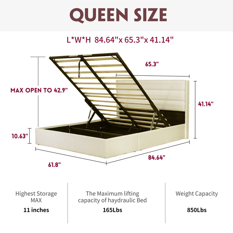 Denicolais Hydraulic Lift Up Upholstered Storage Bed with Wingback  Headboard, Queen, Velvet Cream