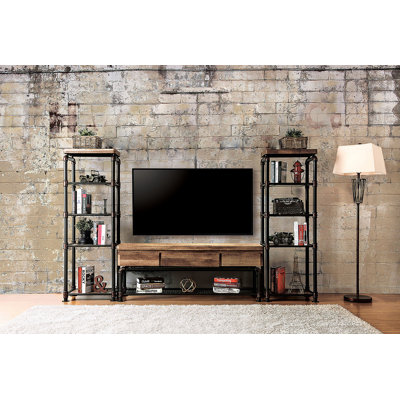 Console de style industriel avec tiroirs à cadre de style industriel et tablettes ouvertes en grillage métallique Structure en bois et en bois noir antique et finition naturelle
