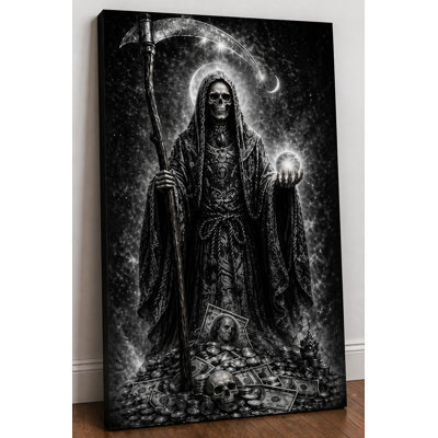 Grande impression sur toile 36 x 24 pouces, ombre argentée, crâne de faucheuse, art mural squelette gothique foncé avec faux, lune, fantaisie, richesse, richesse, thème de la maison, prêt à être accroché